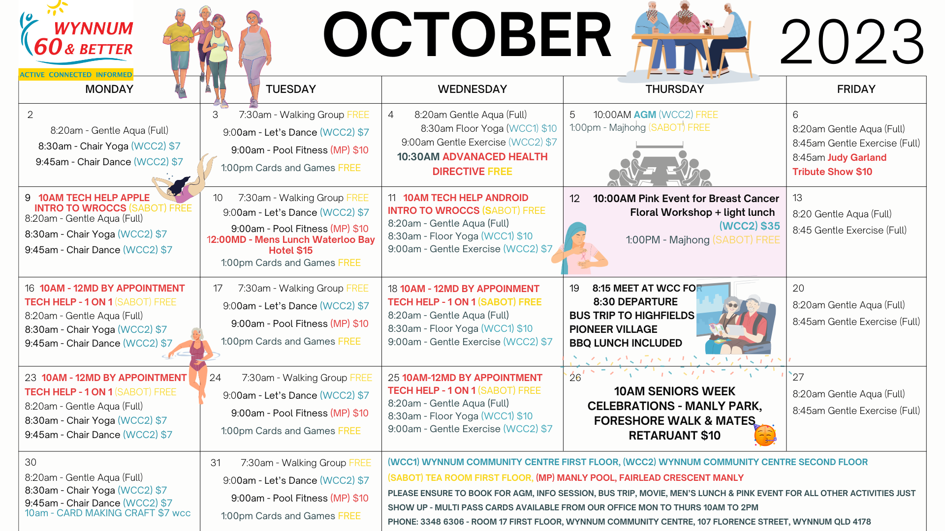 October 2023 calendar of events for Wynnum Seniors